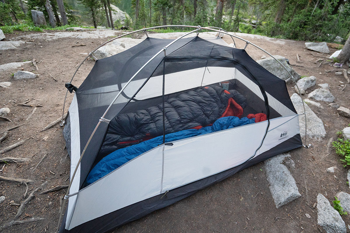 REI Co-op Passage 2 backpacking tent (two sleeping bags inside)